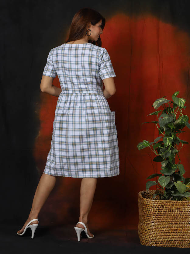 White Chequered Pleated Dress
