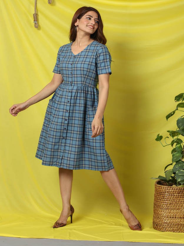 Grey Chequered Pleated Dress