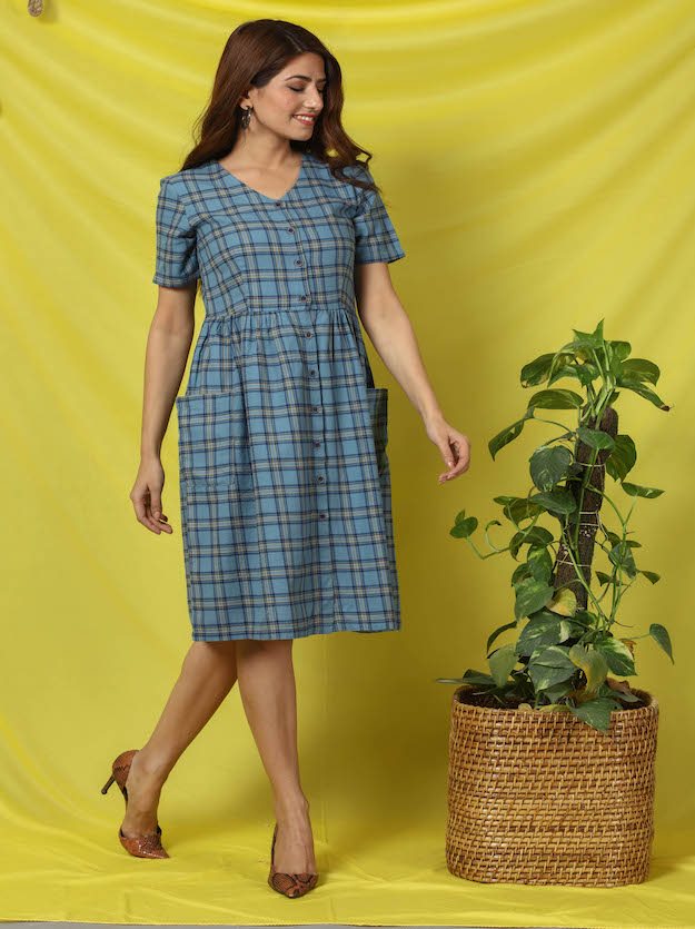 Grey Chequered Pleated Dress
