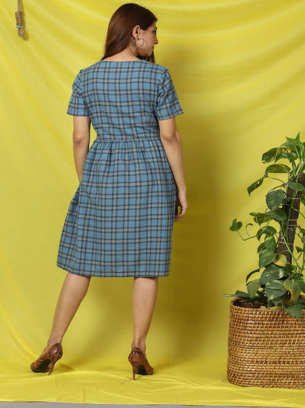 Grey Chequered Pleated Dress