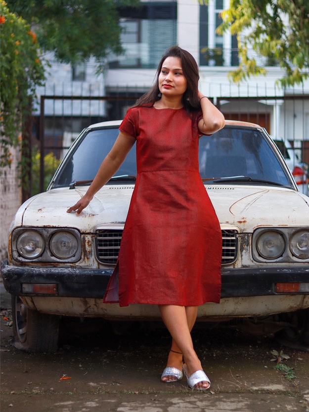 Maroon Weaving Midi Dress