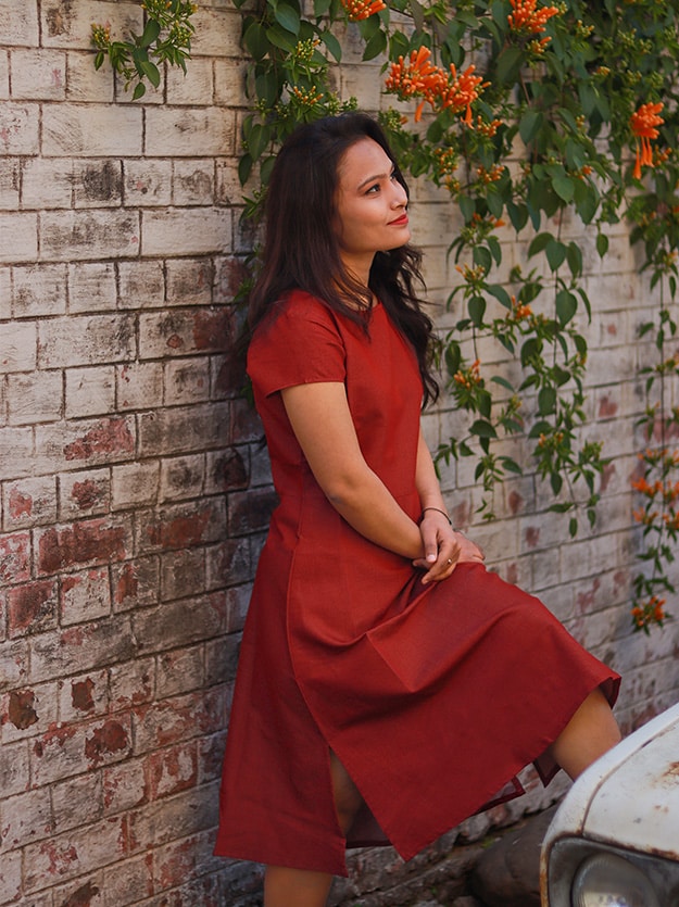 Maroon Weaving Midi Dress