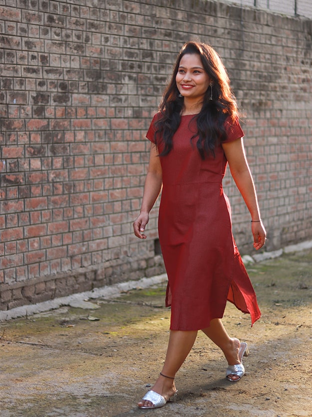 Maroon Weaving Midi Dress