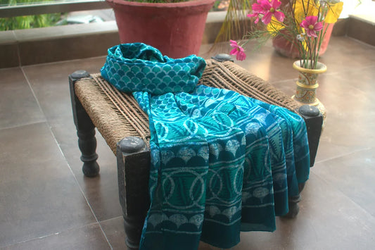 Green Shell Block Print Modal Silk Dupatta