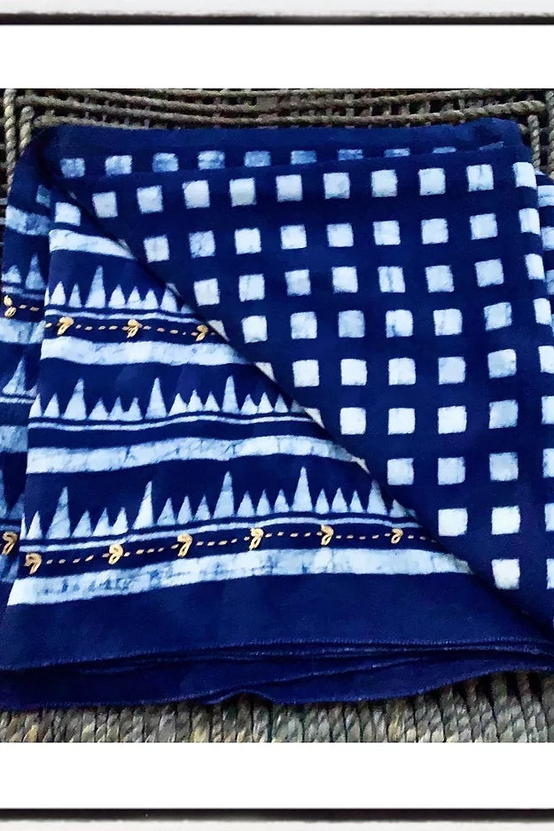 Indigo Square Check Block Print MulCotton Dupatta