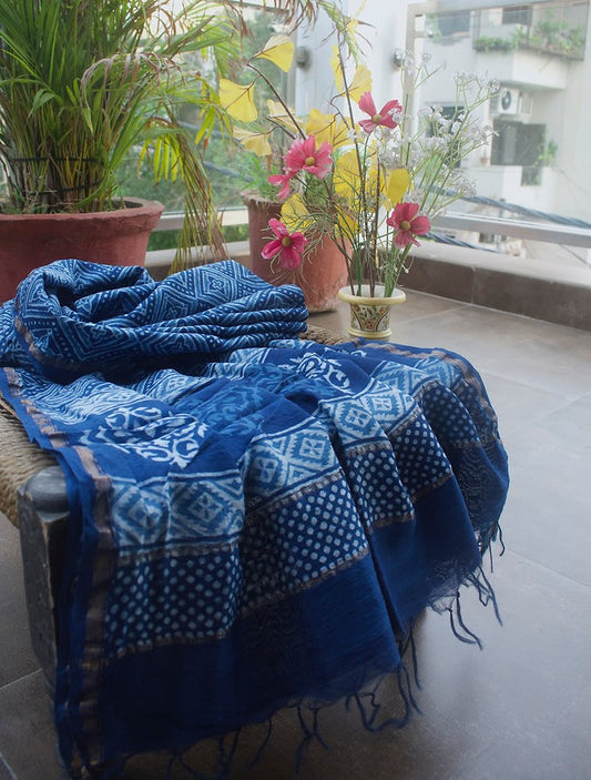 Indigo Jaal Block Print Chanderi Dupatta