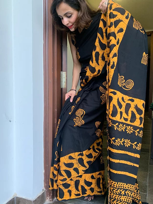 Yellow Motif Block Printed Mul Cotton Saree