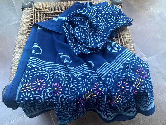 Indigo Paisley Flower Block Print MulCotton Dupatta