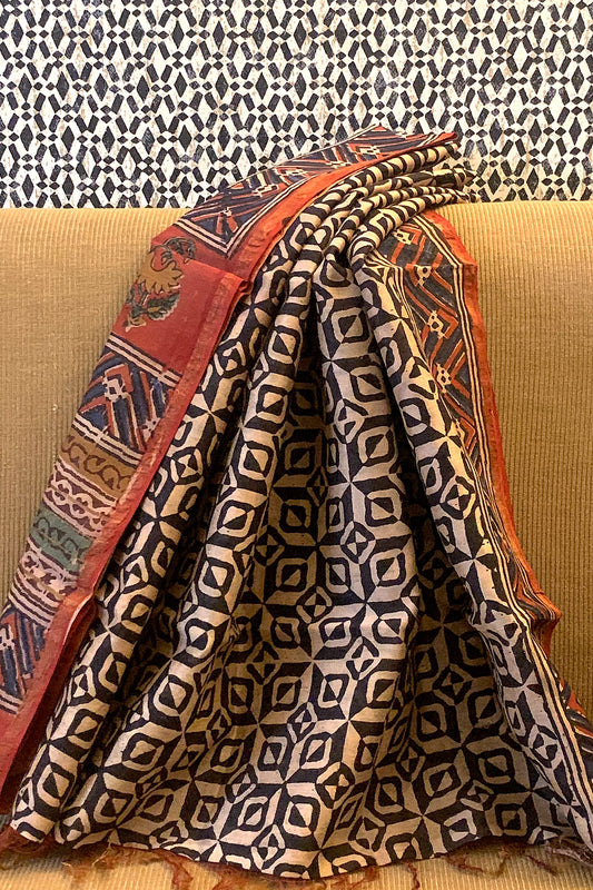 Block Print Diamond Leaf Pattern Pure Chanderi Dupatta
