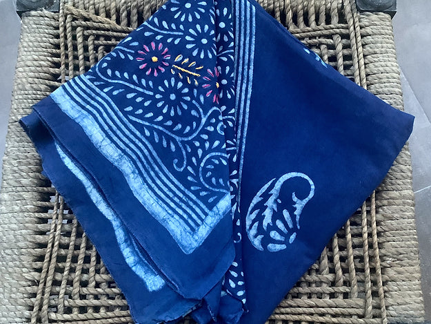Indigo Paisley Flower Block Print MulCotton Dupatta