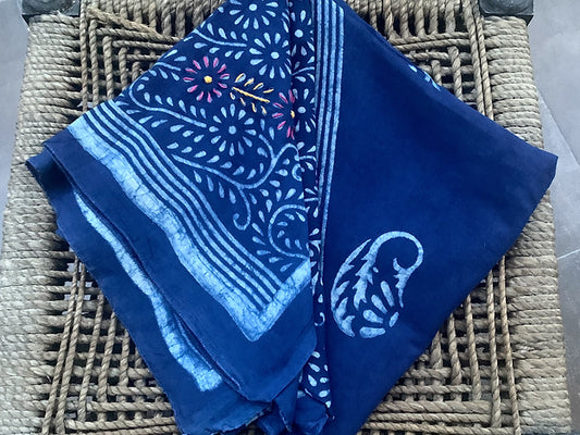 Indigo Paisley Flower Block Print MulCotton Dupatta