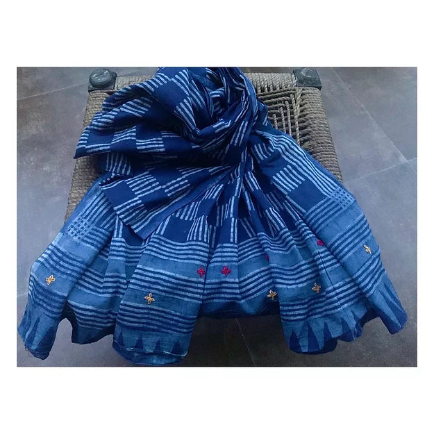 Indigo Stripe Check Block Print MulCotton Dupatta