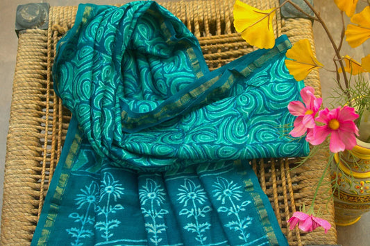Green Bel Block Print Chanderi Dupatta