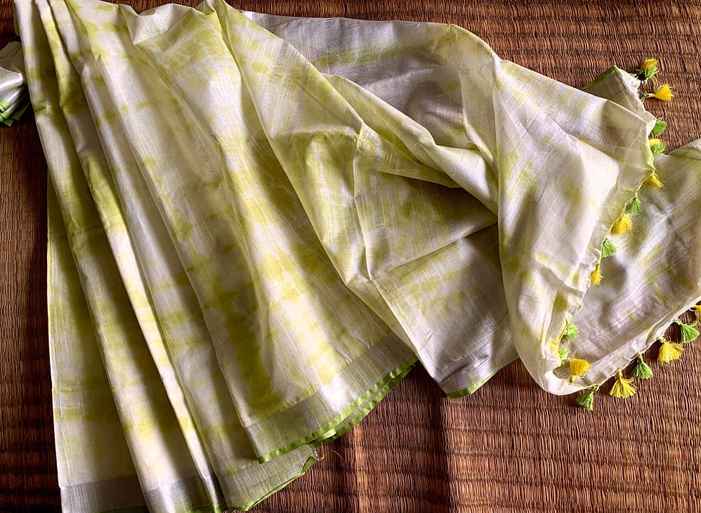 Lemon Shibori Linen Saree