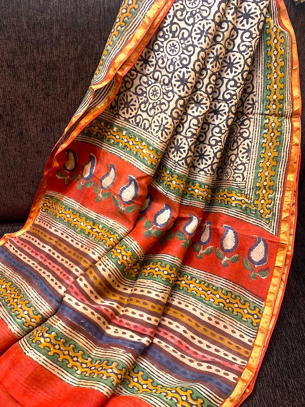Block Print Inset Flower Pattern Pure Chanderi Dupatta