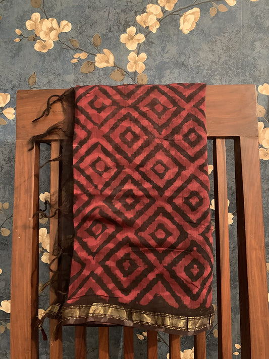 Block Print Diamond Pattern Pure Chanderi Dupatta