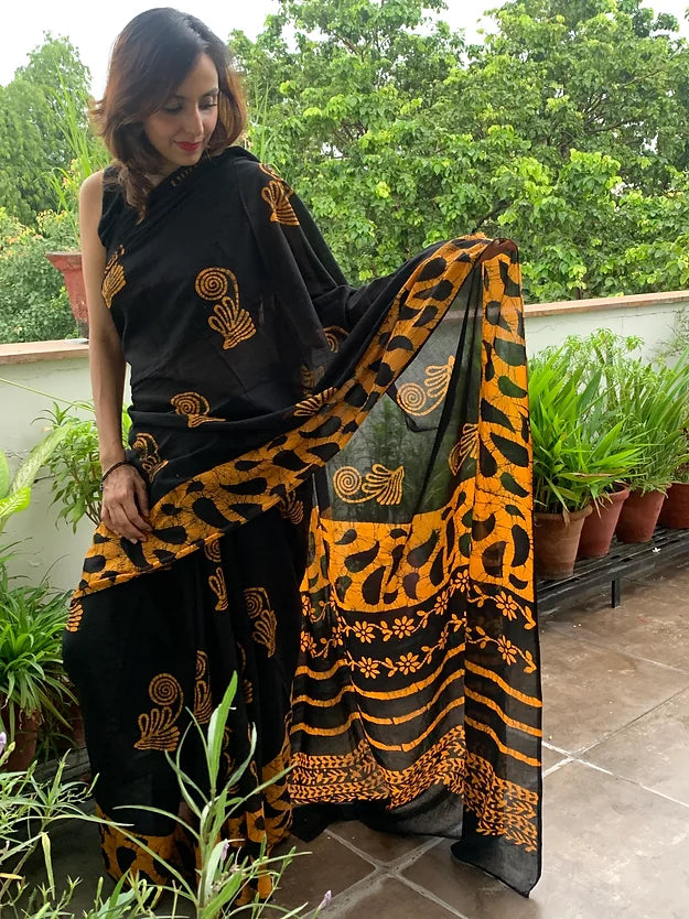 Yellow Motif Block Printed Mul Cotton Saree