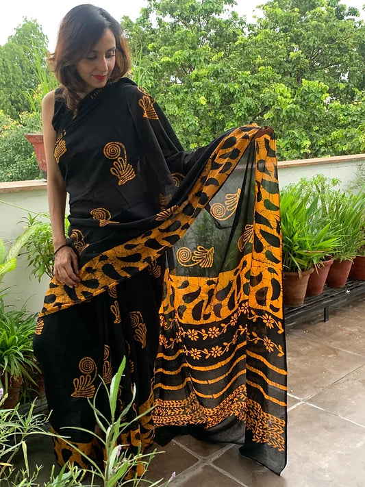 Yellow Motif Block Printed Mul Cotton Saree