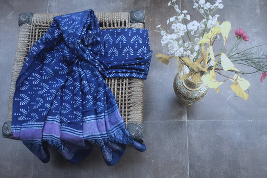 Indigo Butti Block Print Modal Silk Dupatta