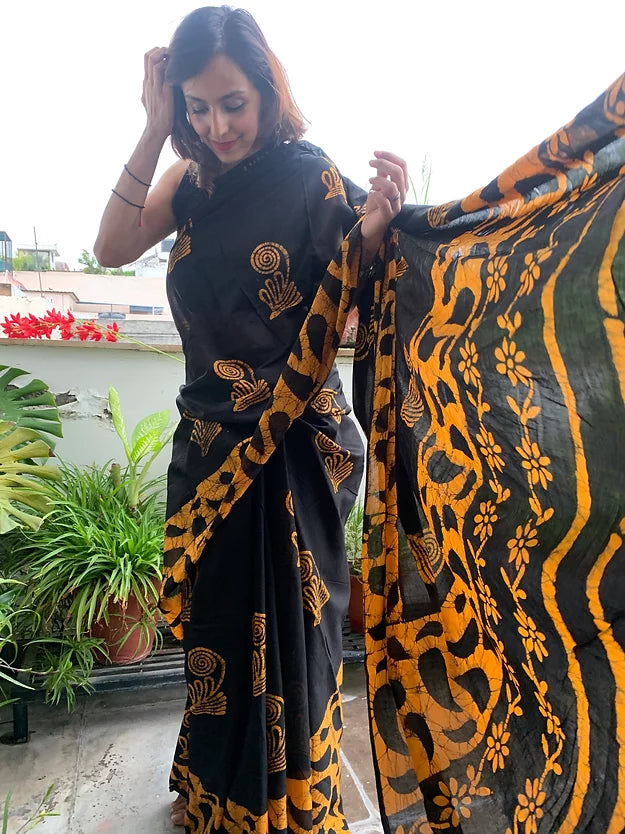 Yellow Motif Block Printed Mul Cotton Saree