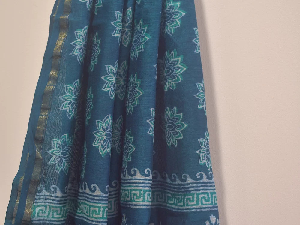 Green Lotus Block Print Chanderi Dupatta
