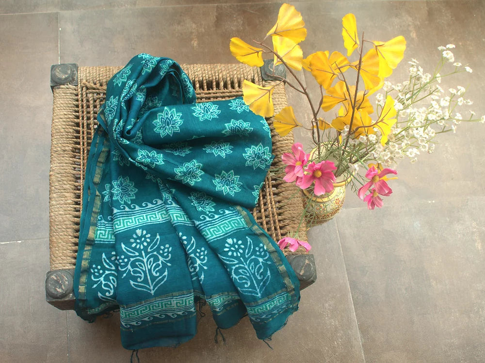 Green Lotus Block Print Chanderi Dupatta