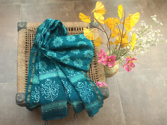 Green Lotus Block Print Chanderi Dupatta