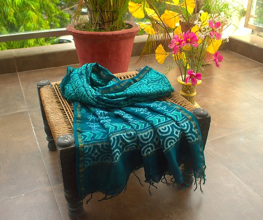 Green Bel Block Print Chanderi Dupatta