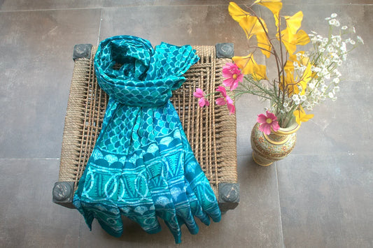 Green Shell Block Print Modal Silk Dupatta