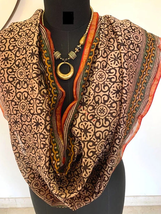 Block Print Inset Flower Pattern Pure Chanderi Dupatta