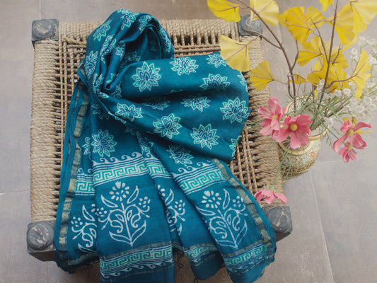 Green Lotus Block Print Chanderi Dupatta