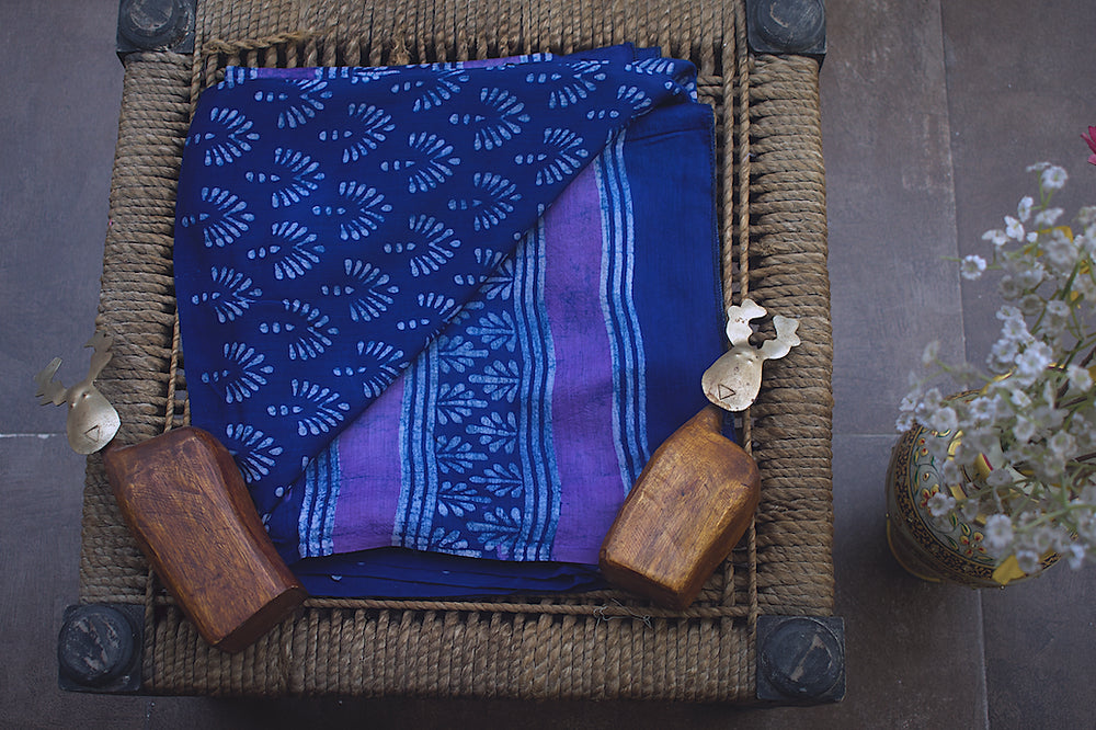 Indigo Butti Block Print Modal Silk Dupatta