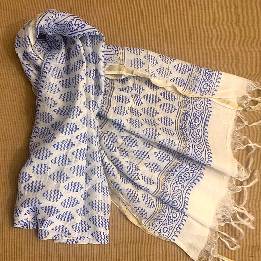 Block Printed (tree) White and Blue Pure Chanderi Dupatta