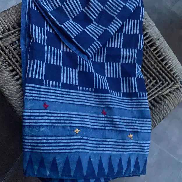 Indigo Stripe Check Block Print MulCotton Dupatta