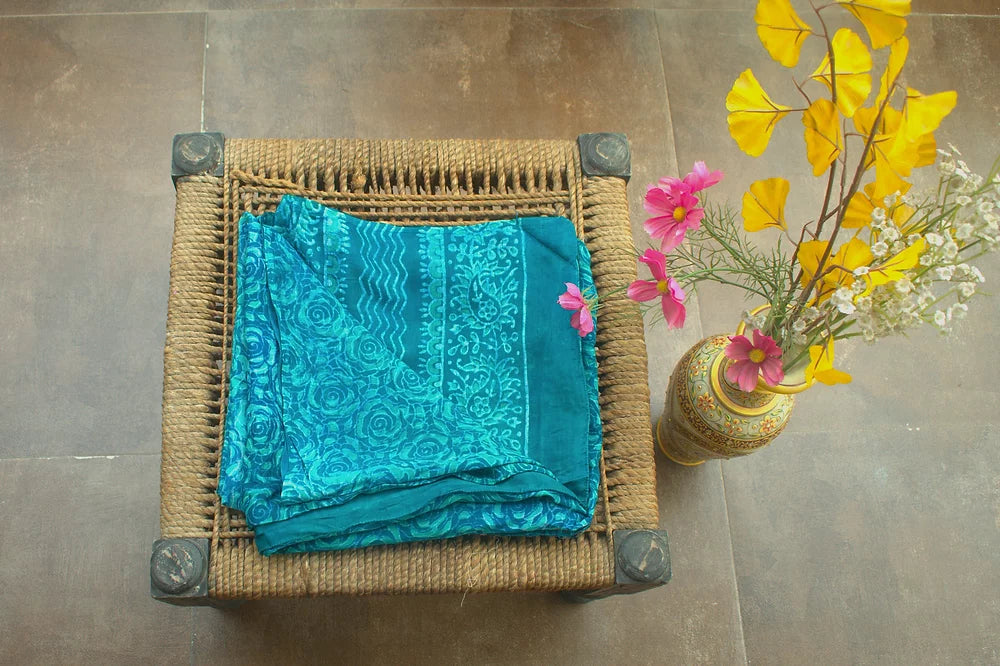 Green Rose Block Print Modal Silk Dupatta