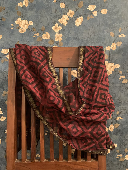 Block Print Diamond Pattern Pure Chanderi Dupatta