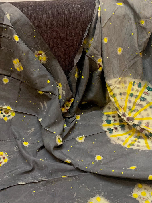 Yellow Grey Tie Dye Block Print Silk Dupatta