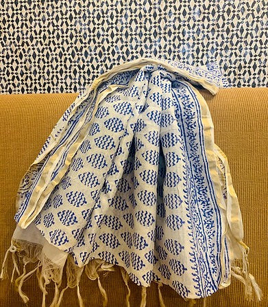 Block Printed (tree) White and Blue Pure Chanderi Dupatta