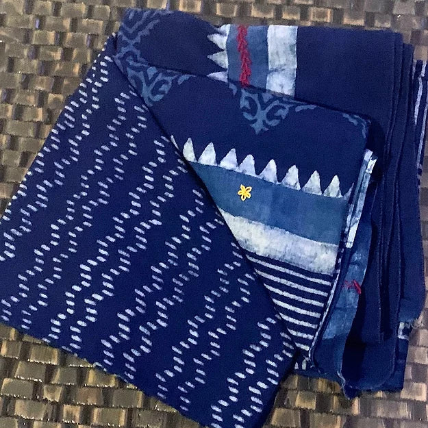 Indigo Wave Block Print MulCotton Dupatta