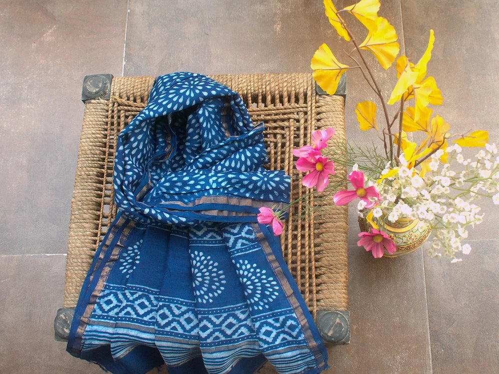 Indigo Drop Block Print Chanderi Dupatta