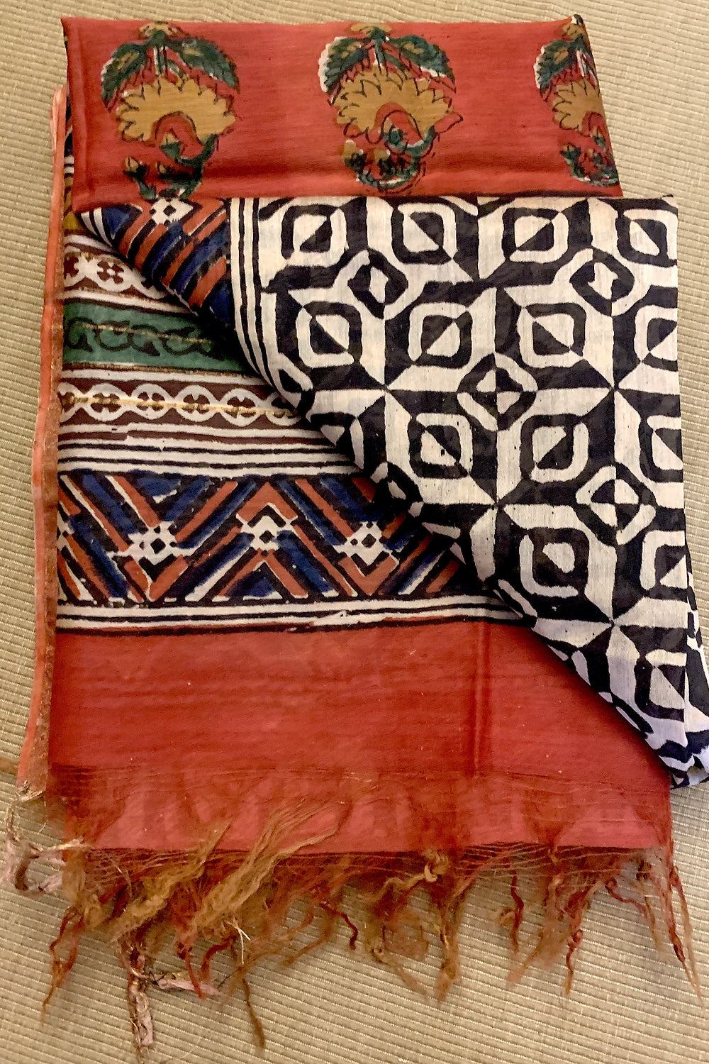 Block Print Diamond Leaf Pattern Pure Chanderi Dupatta