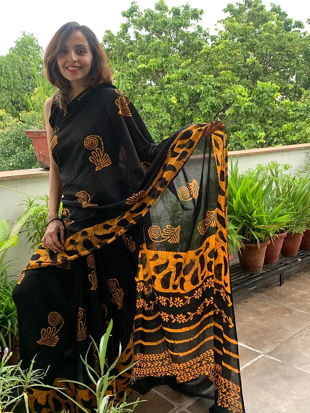 Yellow Motif Block Printed Mul Cotton Saree