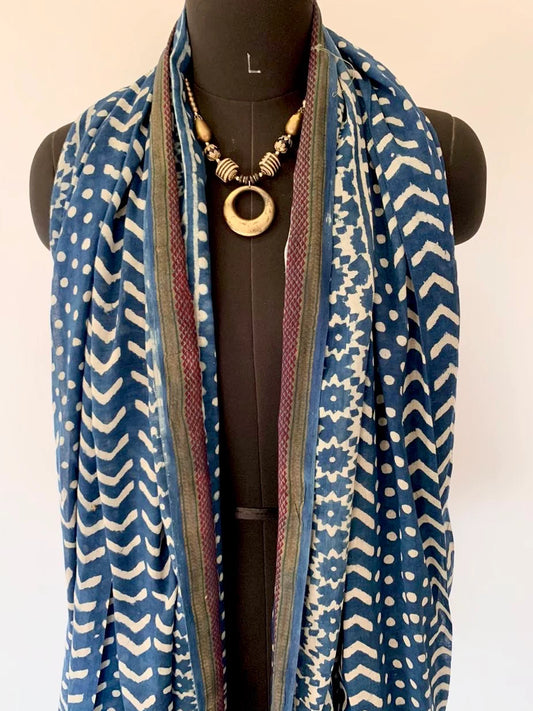 Indigo Geometric Print Cotton Stole with Zari Border