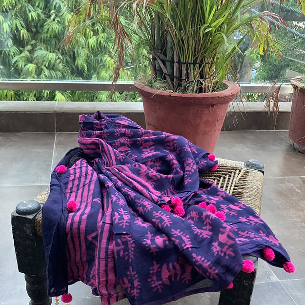 Pink Handblock Print Mul Cotton Dupatta