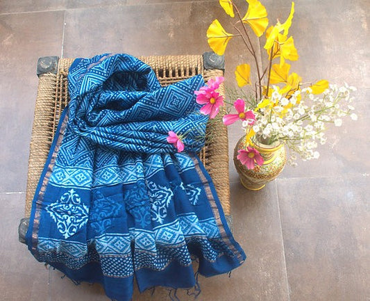 Indigo Jaal Block Print Chanderi Dupatta