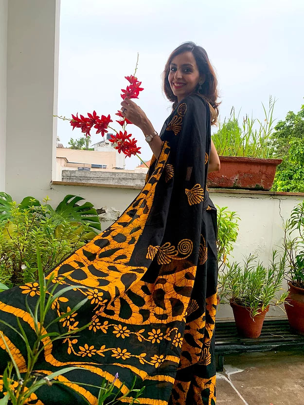 Yellow Motif Block Printed Mul Cotton Saree