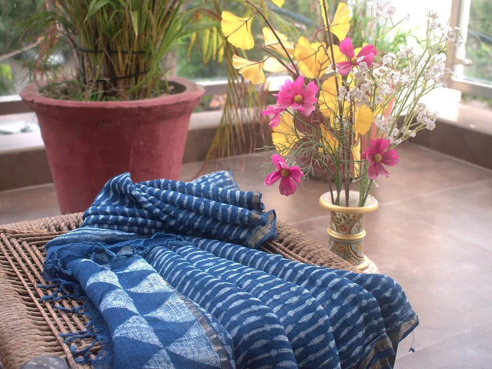 Indigo Geometric Block Print Kota Cotton Dupatta