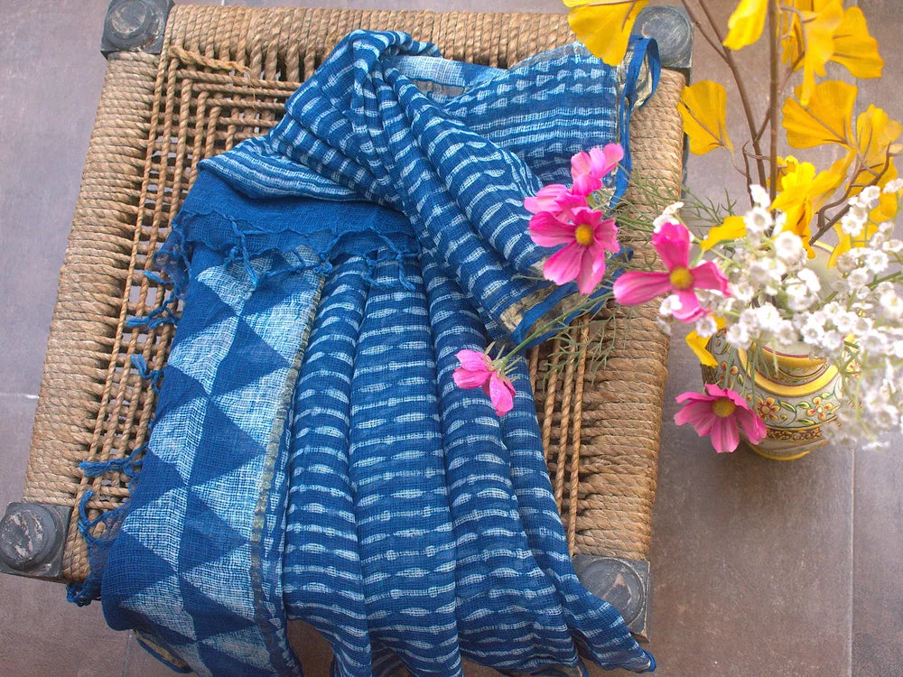 Indigo Geometric Block Print Kota Cotton Dupatta