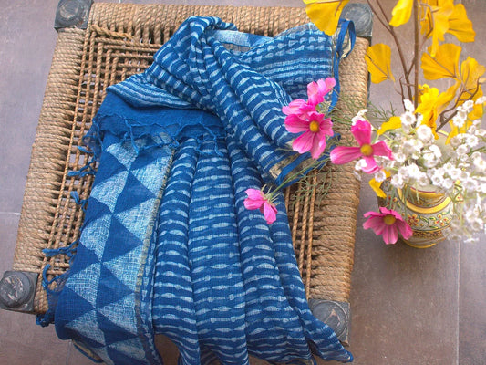 Indigo Geometric Block Print Kota Cotton Dupatta