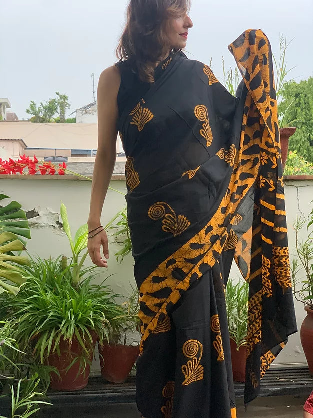 Yellow Motif Block Printed Mul Cotton Saree